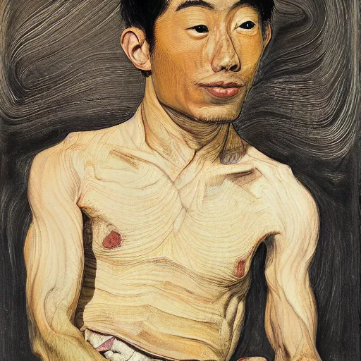 Image similar to detailed portrait of a modern, young confident asian american young man, by lucian freud, francis bacon, john chamberlain, willem de kooning, andreas franke, jean giraud, rob gonsalves, james gurney, james jean, ruan jia, gustav klimt