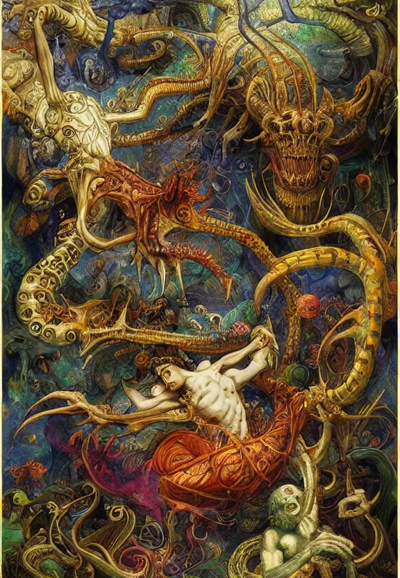 Prompt: simplicity, colorful muscular eldritch animals radiating town fractal, white bones, colorful gems, by h. r. giger and esao andrews and maria sibylla merian eugene delacroix, gustave dore, thomas moran, pop art, chiaroscuro, biopunk, art nouveau