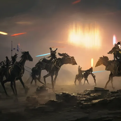 Prompt: The charge of the light brigade with robotic horses, steampunk, dramatic lighting, by Makoto Shinkai and Ruan Jia