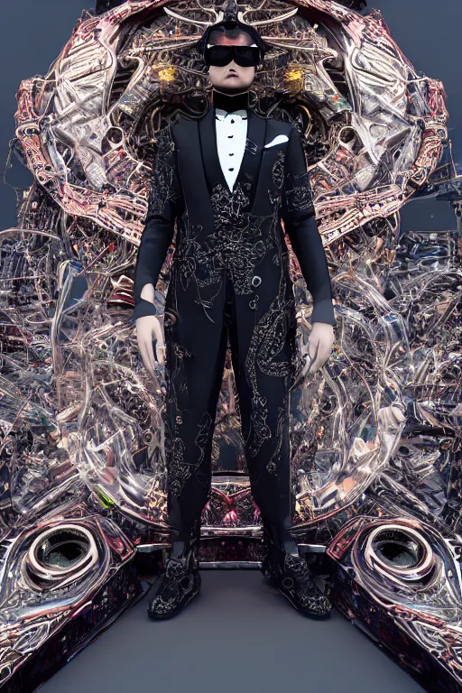 Prompt: futuristic tuxedo made of nanomachines, fashion outfit design, intricate, ornate, luxury, hyper detailed, insanely detailed, corona render, octane render, colorful redshift render, 8 k