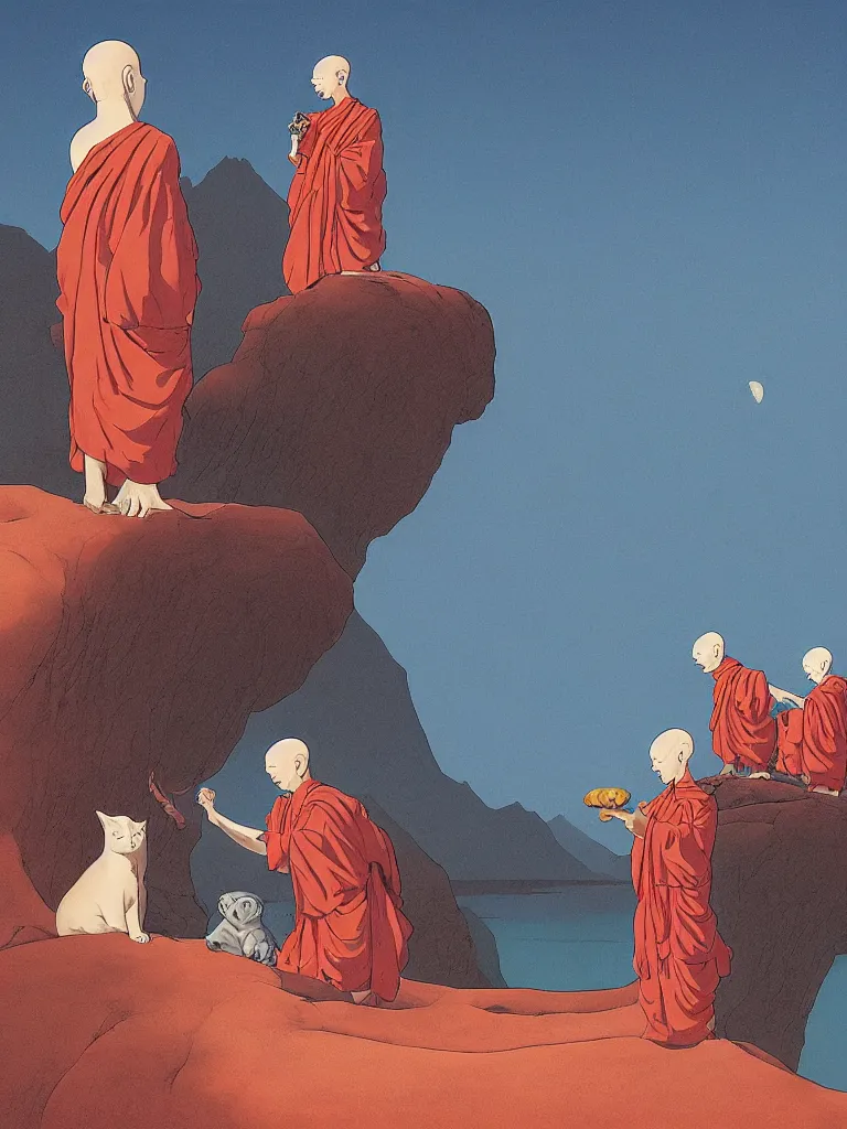 Image similar to weird strange albino monks vampires holding sphynx cats in a strange eerie mountain landscape, by kawase hasui, moebius, edward hopper, colorful flat surreal design, dramatic lighting, hd, 8 k, artstation