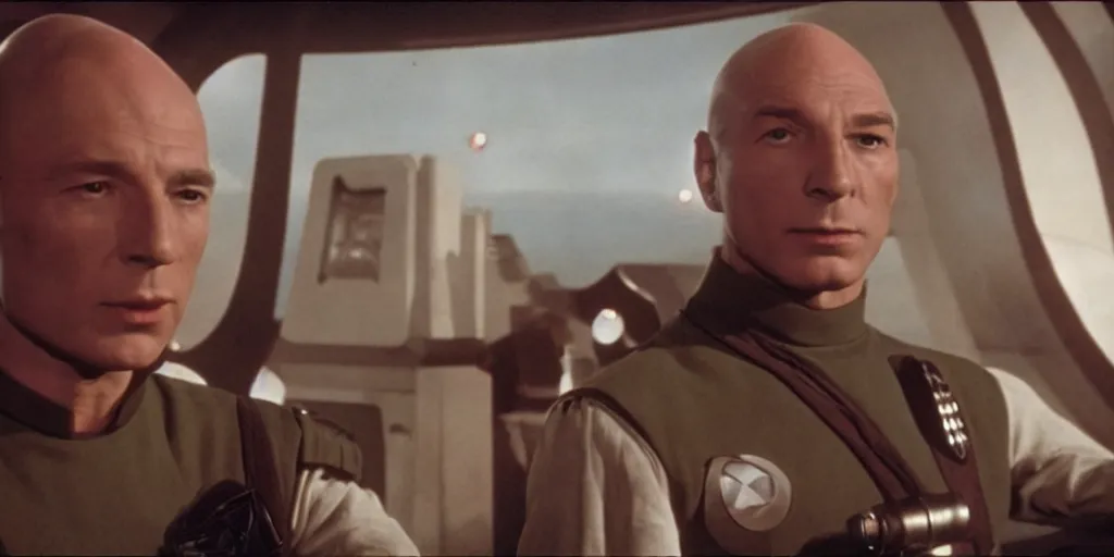 Prompt: young Jean-Luc Picard as a spaceship captain in stars without number sitting in the bridge of his spaceship, outside the front window is an enemy star fighter