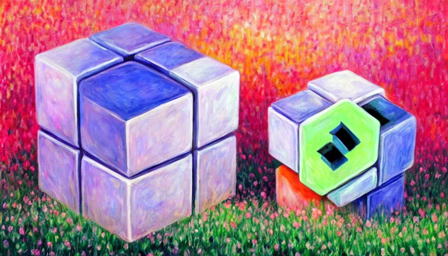 Image similar to beautiful portrait painting of companion - cube!!!!!!!!!!!! companion - cube!!!!!!!!!, monet, rhads,