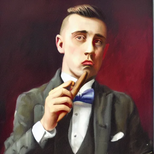 Prompt: a canvas painting of an irish man with a fade haircut, lighting a cigar, wearing a suit, bowtie, and ring, highly detailed, realistic