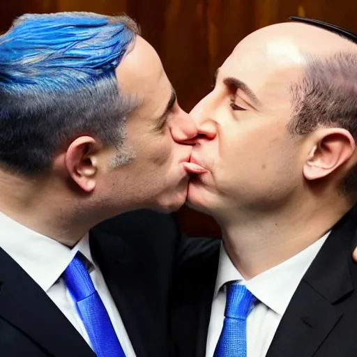 Image similar to benjamin netanyahu kissing naftali bennet, realistic, detailed