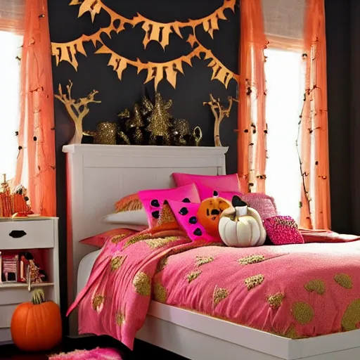 Image similar to homemade pink and gold halloween themed christmas bedroom ideas, high resolution, creative, visually appealling