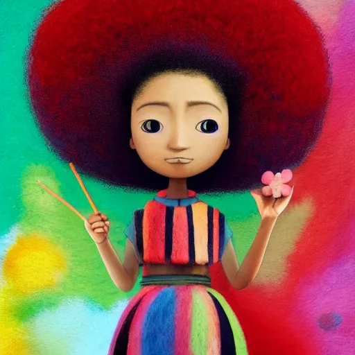 Prompt: a black girl with a colorful afro and big beautiful eyes dressed like a samurai, bright colours, watercolor, volumetric wool felting, macro photography, children illustration, by goro fujita