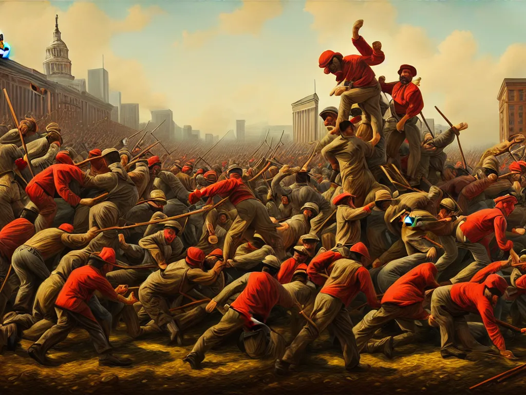 Prompt: landscape painting of the proletariat taking over the means of production in the united states, digital painting, movement, victory, loss, highly detailed, 4 k, art by miguel alandia pantoja