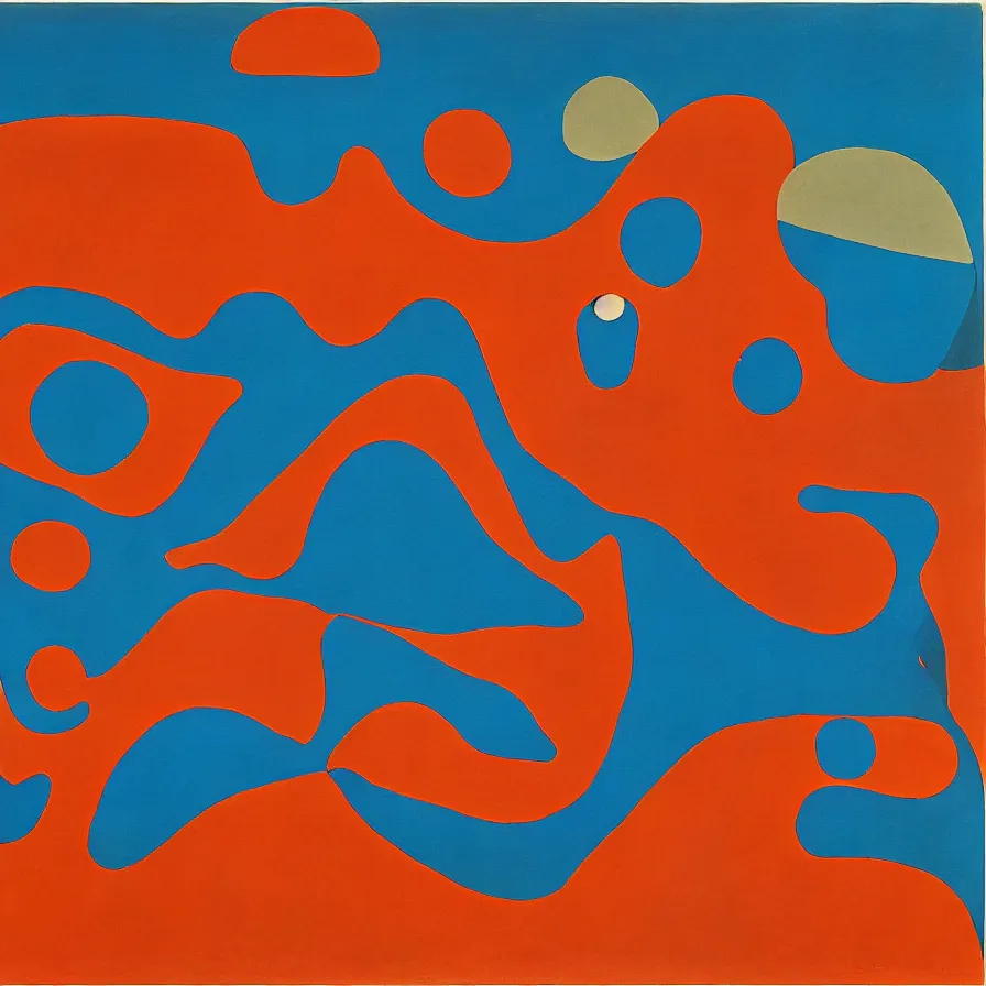Prompt: a scuba divers is swimming alone in a giant pool surrounded by red desert sand ; mountain range in the background. the sky is cloudless. surrealist painting, jean arp, andre masson,