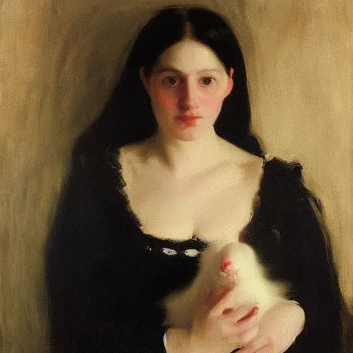 Image similar to “ a portrait of a dark haired girl holding an albino rat, very detailed, oil painting, madame x, dark background, by of john singer sargent ”