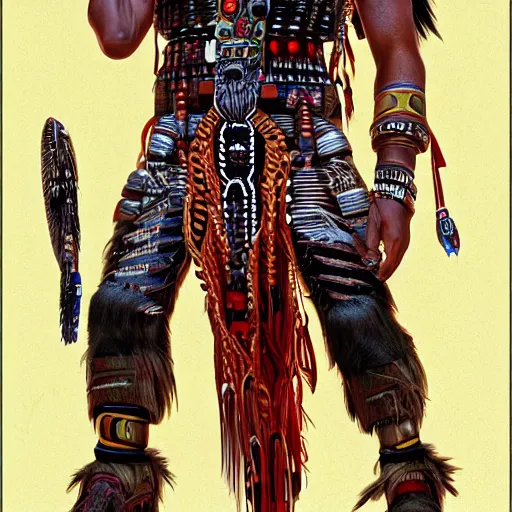 Prompt: a aztec/native american cybernetic mercenary in the style of Jean Giraud Photorealistic HD 8k highlights and shadow detailed High Resolution