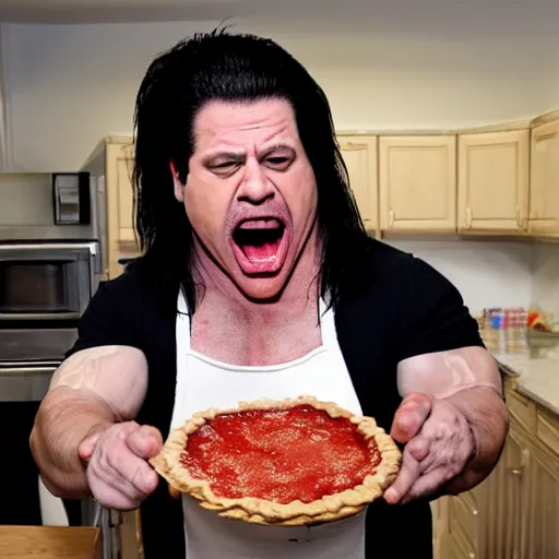 Prompt: angry glenn danzig baking a fruit pie, making a mess, 4 k,