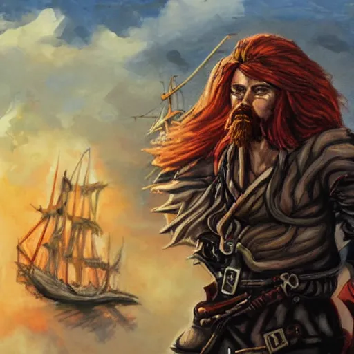 Image similar to an epic fantasy comic book style portrait painting of a long haired, red headed male sky - pirate in front of an airship in the style of ed binkley