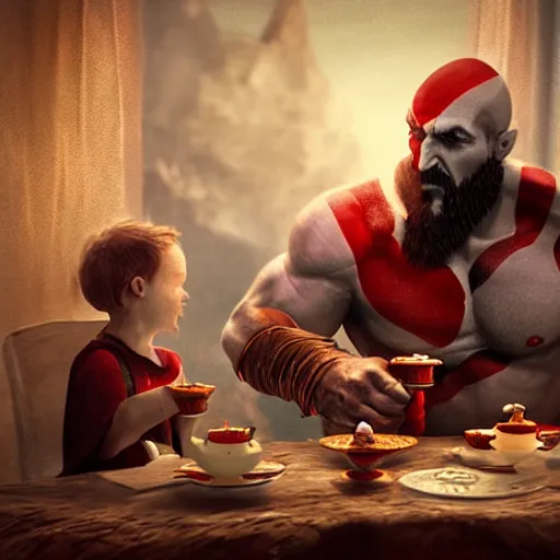 Image similar to god of war having a tea party with little kids, digital painting, 3 d, octane render, accurate