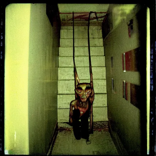 Prompt: a humanoid creature at the bottom of a dark stairwell, dark!, creepy, unsettling, uncanny valley!!!, old polaroid, expired film,