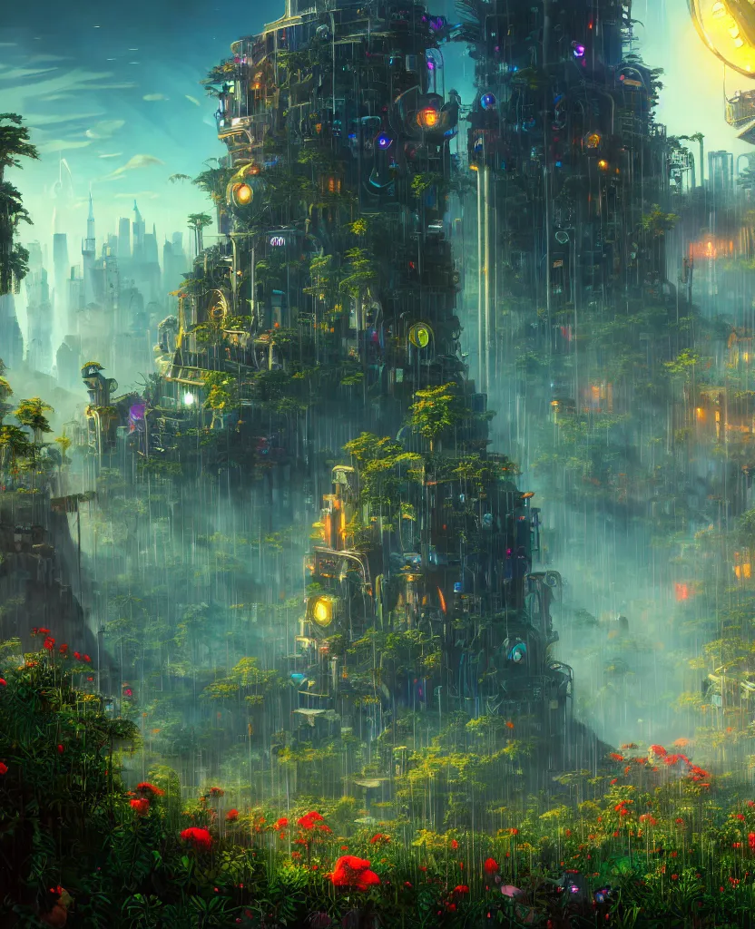 Prompt: building by albert bierstadt, anime cgsociety rainforest junglepunk elysian flowers nature bioshock at dawn at dusk meadow tron matte painting studio ghibli alien futuristic cosmic poppy wilderness fantasy liberty city bladerunner 2 0 4 9 fisheye azeroth, archdaily, wallpaper, highly detailed, trending on artstation.