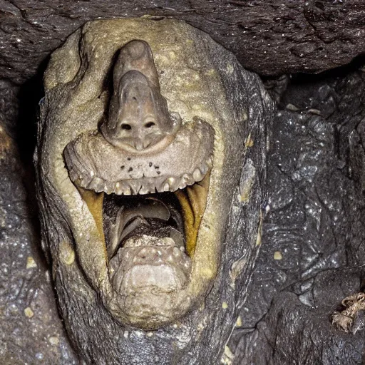 Image similar to photo inside a cavern of a wet reptilian humanoid partially hidden behind a rock, with black eyes, open mouth and big teeth