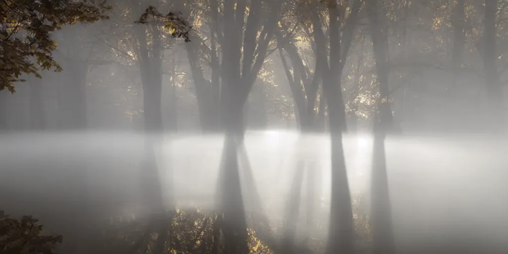 Image similar to wide angle photograph atmospheric light bloom autumn fog outside sunlight shining through windows reflections award winning contemporary interior