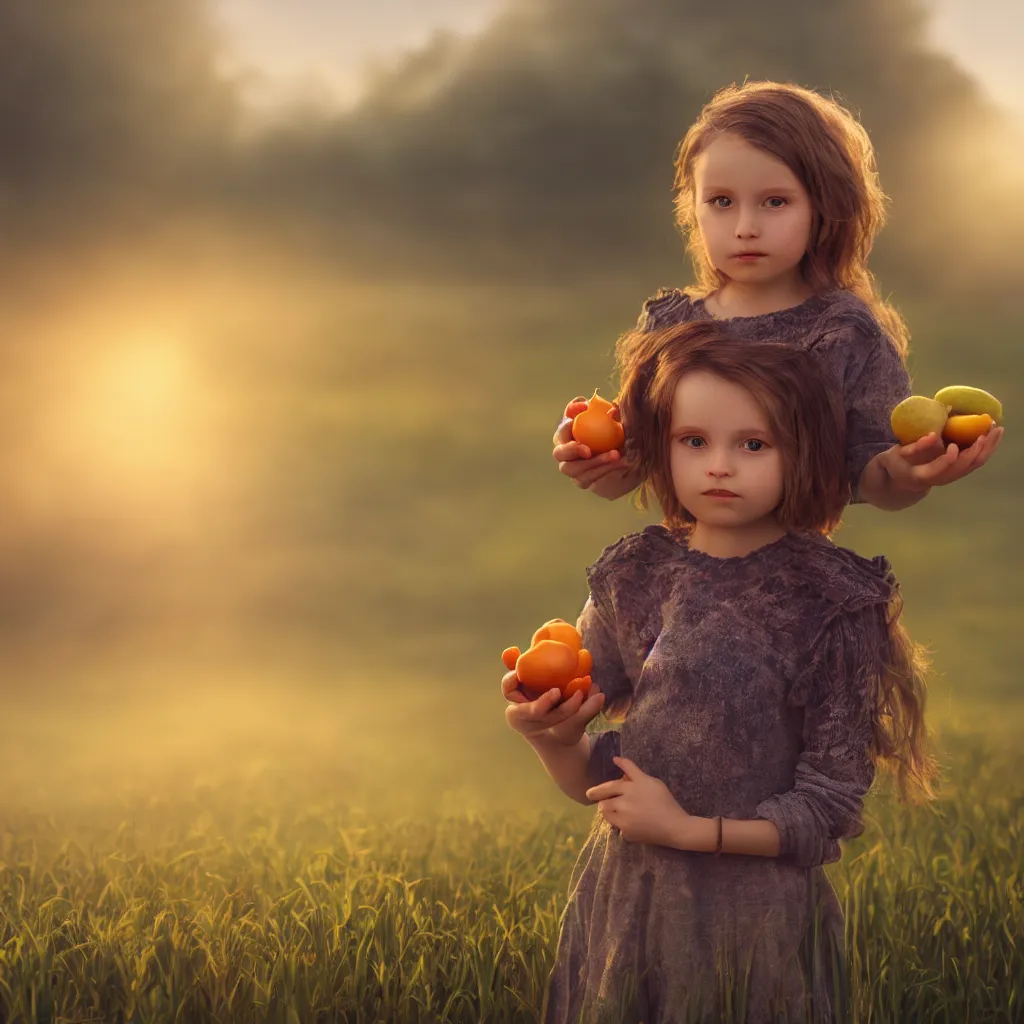 Image similar to Beautiful aesthetically pleasing single female child portrait, centered portrait, Confident holding vegetables, lush farm lands, fog, volumetric lighting beautiful, golden hour, sharp focus, ultra detailed, conceptartworld, comic art