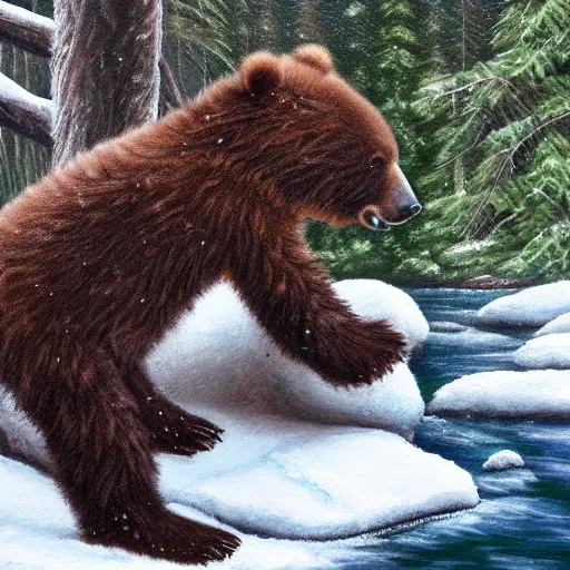 Prompt: cute fluffy baby bear cub sitting in snowy winter river landscape catching salmon detailed painting 4k