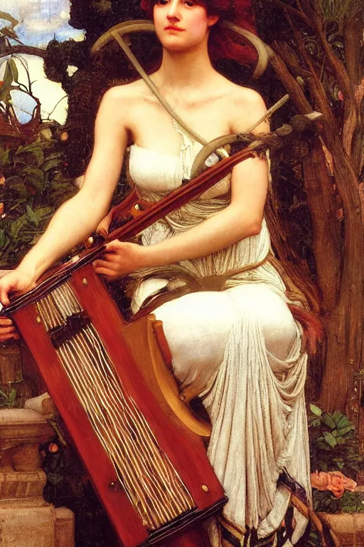 Prompt: a painting of a beautiful Mediterranean maiden playing the lyre, by john william waterhouse, by John William Godward, by austin osman spare, symbolist painting, mist, volumetric render, digital painting, detailed painting, occult, sharp focus, intrincate details