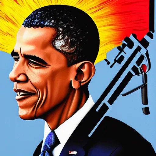 Prompt: Barack Obama with a generous bra size and a Mohawk hairstyle holding a super soaker portrait oil painting hyper realistic