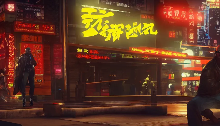 Prompt: samuel l jackson in night city eating chinese takeaway with johnny silverhand, cyberpunk 2 0 7 7, rendering, wallpaper, concept art, digital art