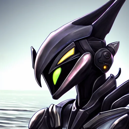Image similar to bust shot of a cute stunning robot anthropomorphic female dragon, with sleek silver armor, a black OLED visor over the eyes, making a cute pose, on the beach at sunset, highly detailed digital art, furry art, anthro art, sci fi, warframe art, destiny art, high quality, 3D realistic, Furaffinity, Deviantart