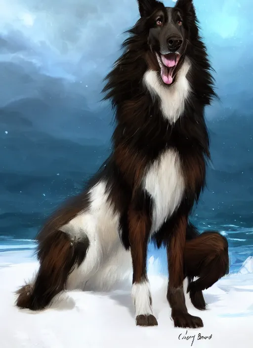 Image similar to beautiful wide angle full body portrait of a cute male anthropomorphic anthro border collie fursona wearing a swimsuit in antarctica, character design by charlie bowater, henry asencio, and ross tran, scenic background, detailed, aesthetic, furry, trending on artstation, furaffinity, deviantart
