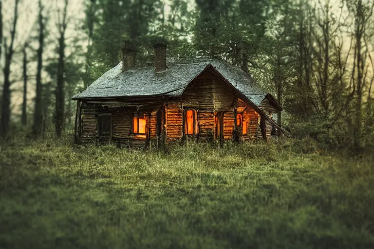 Image similar to dusk forest abandoned cottage in summer tilt shift, Cinematic, wildlife photography, 35mm, photo on iphone