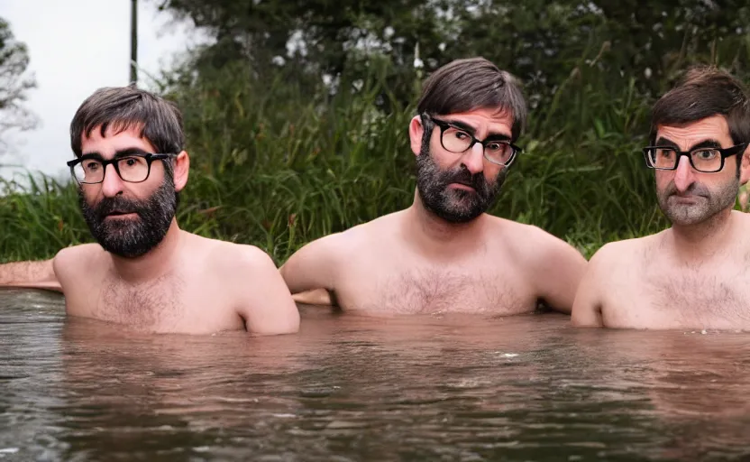 Prompt: Adam buxton and louis theroux have an ice bath, outside, cold, odd, depth of field, photorealistic