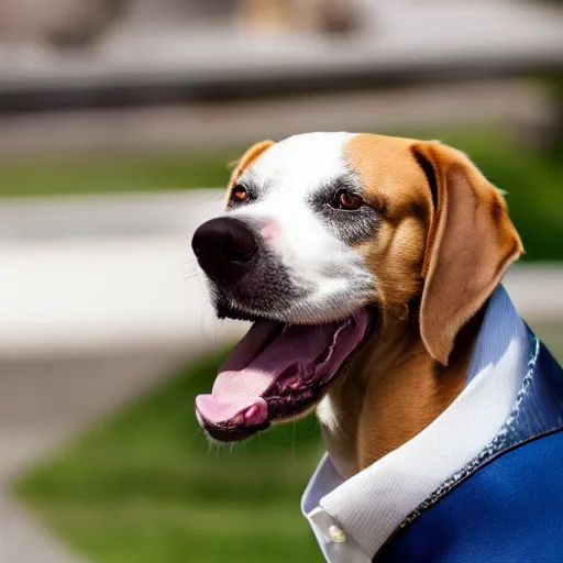 Image similar to high detail shot of a dog wearing a suit, realism 8k