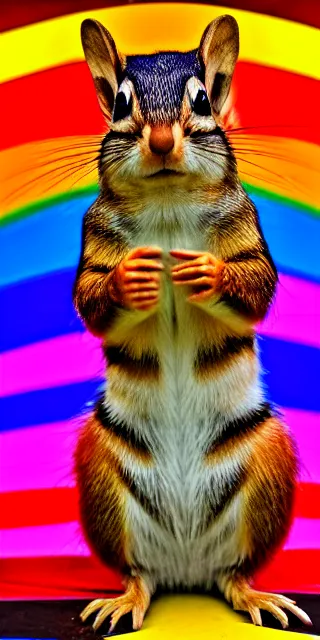 Prompt: a dlsr canon shot of a cute psychedelic chipmunk with rainbow fur, photorealistic, ultrareal, zeiss lens, depth of field