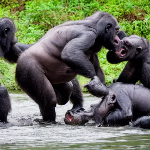 Image similar to three silverback gorillas fighting a hippo