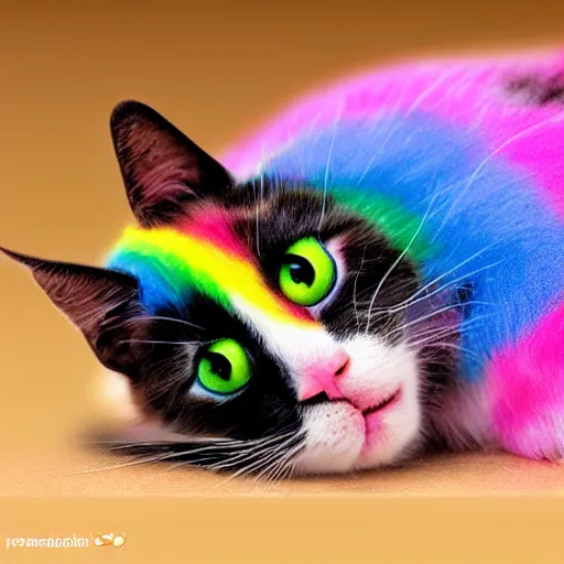 Prompt: retarded rainbow kitten! laying on it ‘ s back showing it ‘ s fluffy belly while looking at the camera!, photorealistic, anatomically correct, sharp focus, 4 k, beautiful,