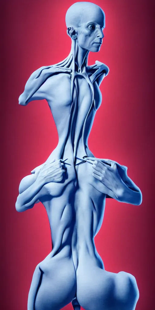 Image similar to poster design, full body anatomical model, 3 d photographic render of a deconstructed asymmetric human anatomical correct human body, in hoc signo vinces, waterfall, in the style of leonora carrington, gottfried helnwein, intricate composition, blue light by caravaggio, insanely quality, highly detailed, masterpiece, red light, artstation