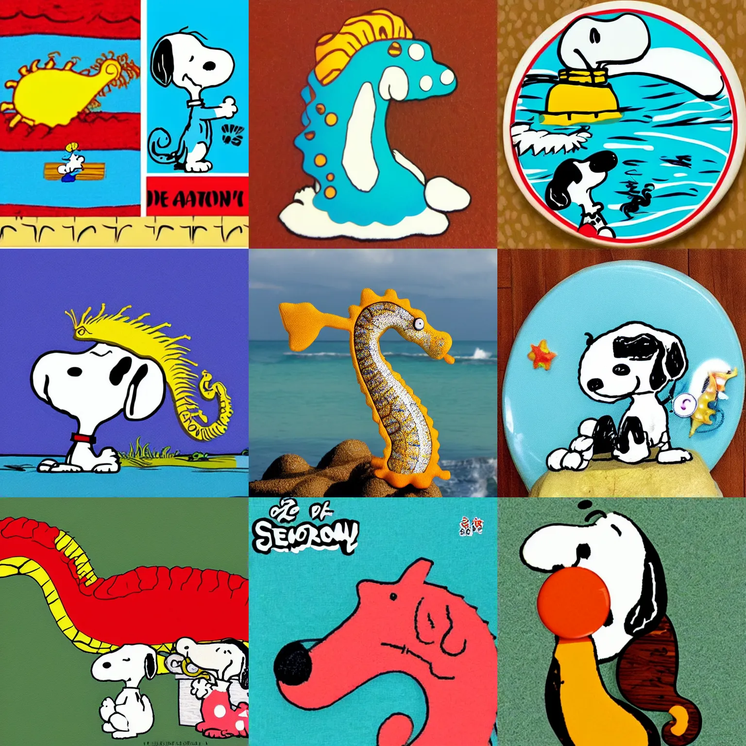 Prompt: top part snoopy head ， down part sea horse the tail