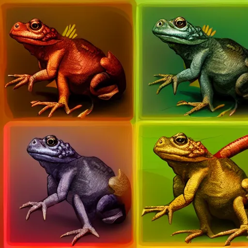 Prompt: three animals,trio, toad with wings front view and rainbow reptile front view and golden lizard front view, trio, artstation, concept art, master illustration, details, good clear quality, fun - w 704