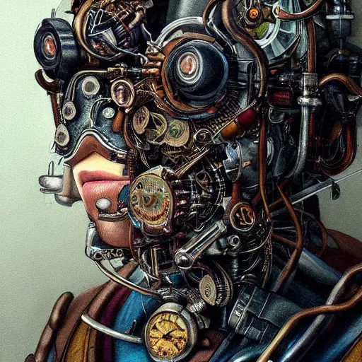 Image similar to portrait painting of a steampunk cyborg doctor, transhumanism, ultra realistic, concept art, studio ghibli, intricate details, eerie highly detailed