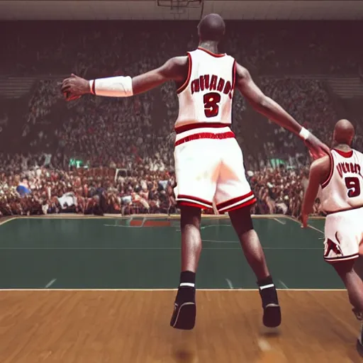 Image similar to small goblin dunking on Michael Jordan in basketball 3d render