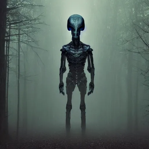 Prompt: a long shot of a ominous alien being standing in a forest, detailed, mythical, mist, depressing, tired, dark, lush, nature, mist, mystery, glows, somber, dismal, fog, heavy fog, dark lighting, rim light, glow, ambient light,