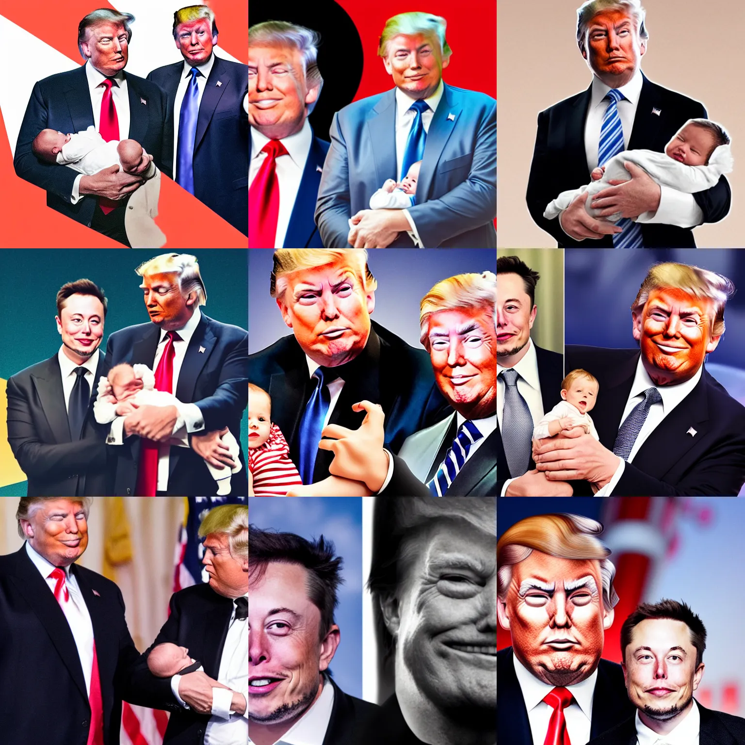 Prompt: a photorealistic picture of elon musk and donald trump holding a baby together