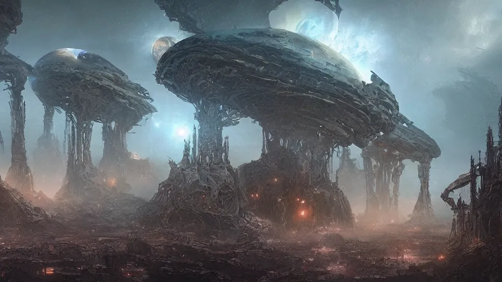 Image similar to eerie atmospheric alien world by yoann lossel and stephan martiniere, cinematic matte painting