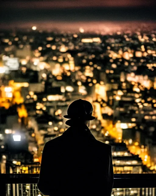 Prompt: extremely detailed night rooftop scene, close up shot of a gangster wearing a trench coat looking at the city below, 35mm, 8k, fujifilm, cinematic composition