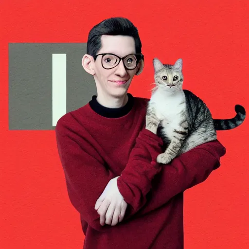 Image similar to an album of neil cicierega holding a cat, in a red color style, in a railroad background