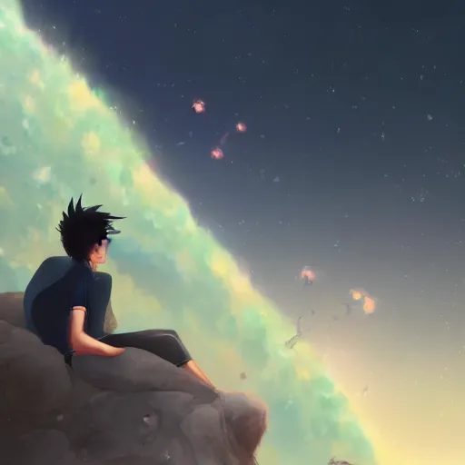 Image similar to two people stuck on an asteroid orbiting a black hole trending on art station makoto shinkai