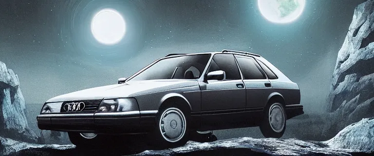 Image similar to Audi 80 B3 Avant (1988) floating in the void facing Kraken, a eerie horror sci-fi, star citizen, hopeless, dramatic lighting, cinematic, off-world, space, zero gravity, eldritch horror creatures floating through space, lack of ground, dark, establishing shot, extremely high detail, photorealistic, cinematic lighting, artstation, by simon stalenhag