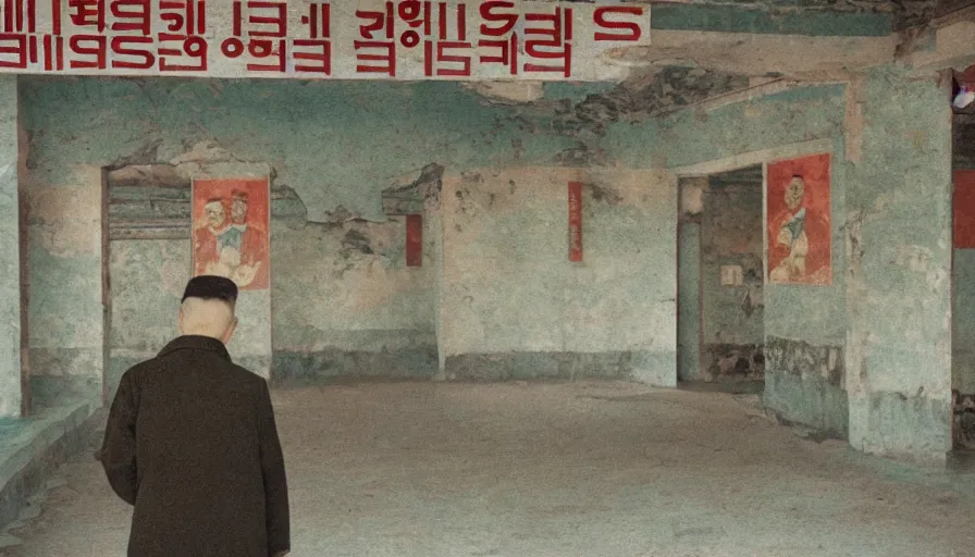 Image similar to pov a man walking in empty north-korean restaurant palace with propaganda fresco, eastmancolor, heavy grain, high quality, higly detailed