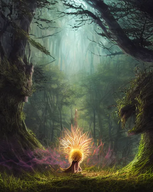 Image similar to Hedgehog magus, gaia, nature, fairy, forest background, magic the gathering artwork, D&D, fantasy, cinematic lighting, centered, symmetrical, highly detailed, digital painting, artstation, concept art, smooth, sharp focus, illustration, volumetric lighting, epic Composition, 8k, art by Akihiko Yoshida and Greg Rutkowski and Craig Mullins, oil painting, cgsociety