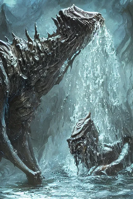 Image similar to water monster, dripping wet, siren, creature concept art, weta studios, Guillermo Del Toro